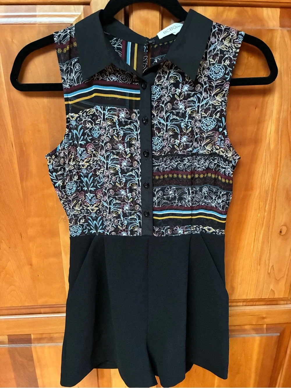 BCBG Black Floral-Stripe Sleeveless Collared Romper